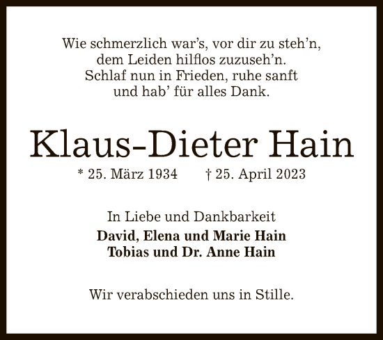 Anzeige von Klaus-Dieter Hain von Reutlinger General-Anzeiger