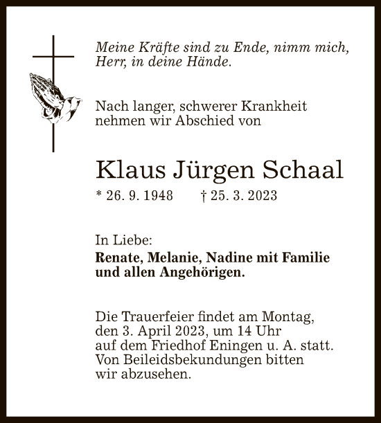 Anzeige von Klaus Jürgen Schaal von Reutlinger General-Anzeiger