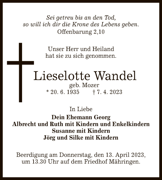 Anzeige von Lieselotte Wandel von Reutlinger General-Anzeiger