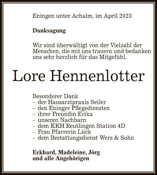 Anzeige von Lore Hennenlotter von Reutlinger General-Anzeiger