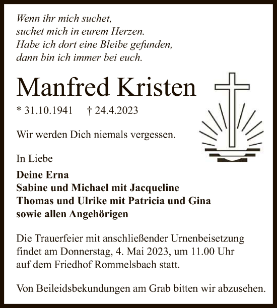 Anzeige von Manfred Kristen von Reutlinger General-Anzeiger