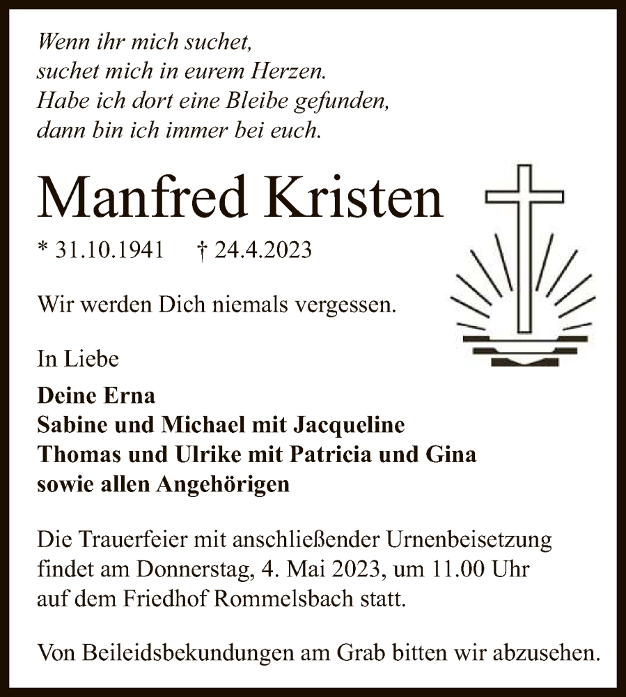  Traueranzeige für Manfred Kristen vom 29.04.2023 aus Reutlinger General-Anzeiger