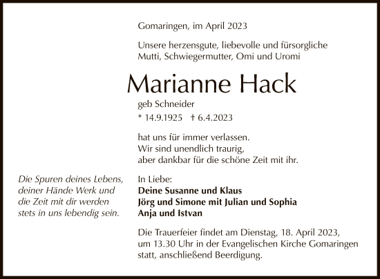 Anzeige von Marianne Hack von Reutlinger General-Anzeiger