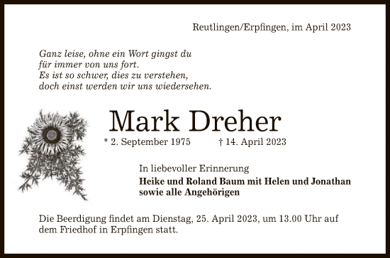 Anzeige von Mark Dreher von Reutlinger General-Anzeiger