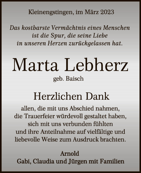 Anzeige von Marta Lebherz von Reutlinger General-Anzeiger