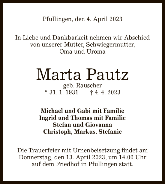 Anzeige von Marta Pautz von Reutlinger General-Anzeiger