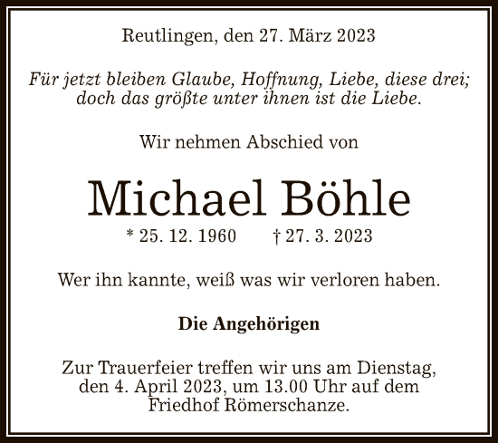 Anzeige von Michael Böhle von Reutlinger General-Anzeiger