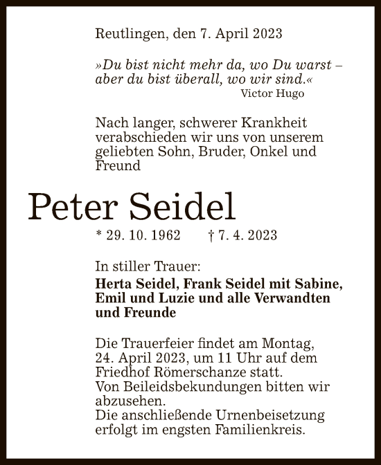 Anzeige von Peter Seidel von Reutlinger General-Anzeiger