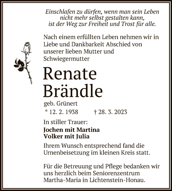 Anzeige von Renate Brändle von Reutlinger General-Anzeiger
