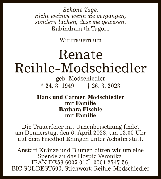 Anzeige von Renate Reihle-Modschiedler von Reutlinger General-Anzeiger