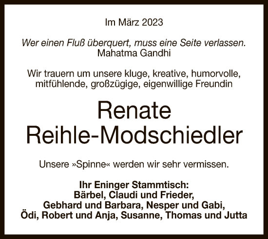 Anzeige von Renate Reihle-Modschiedler von Reutlinger General-Anzeiger
