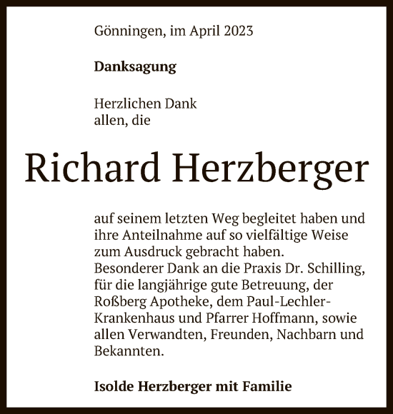 Anzeige von Richard Herzberger von Reutlinger General-Anzeiger