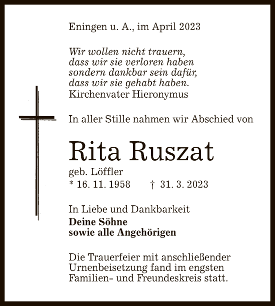 Anzeige von Rita Ruszat von Reutlinger General-Anzeiger