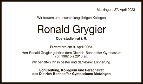 Anzeige von Ronald Grygier von Reutlinger General-Anzeiger