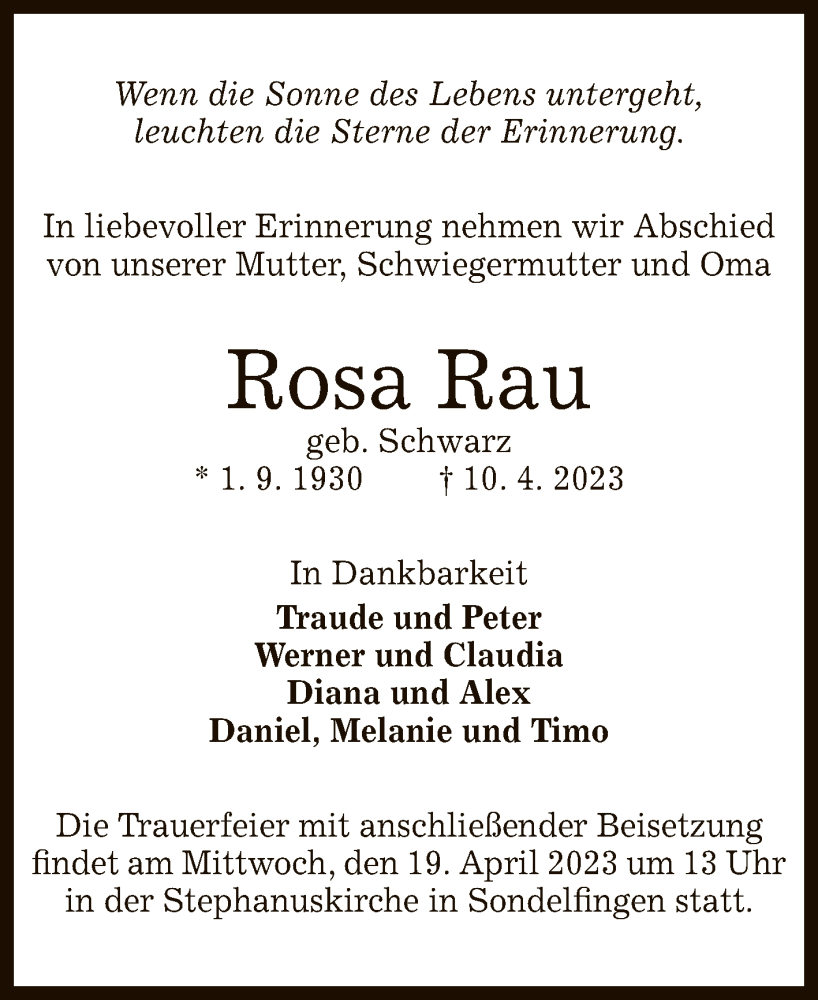  Traueranzeige für Rosa Rau vom 15.04.2023 aus Reutlinger General-Anzeiger