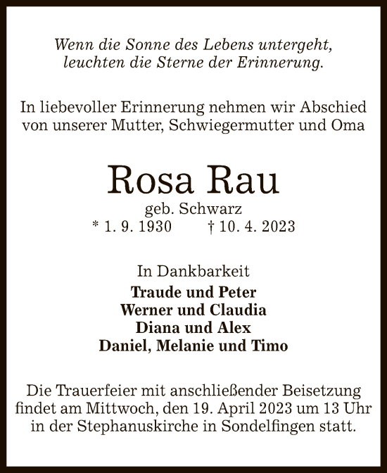 Anzeige von Rosa Rau von Reutlinger General-Anzeiger