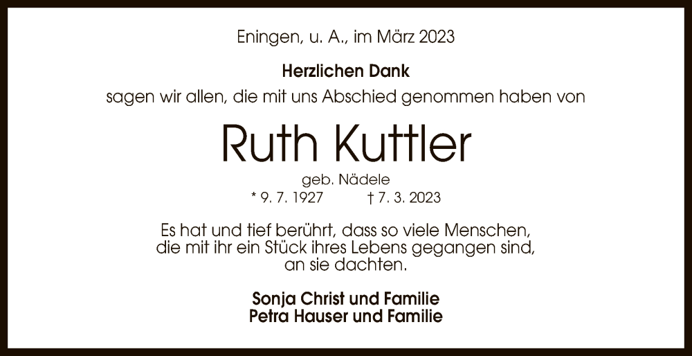  Traueranzeige für Ruth Kuttler vom 01.04.2023 aus Reutlinger General-Anzeiger