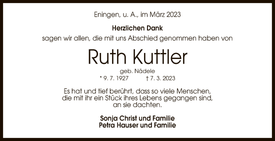 Anzeige von Ruth Kuttler von Reutlinger General-Anzeiger