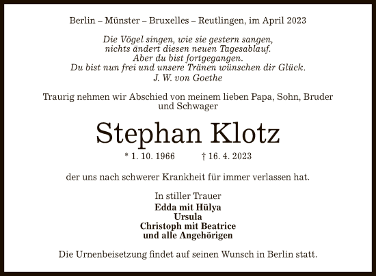 Anzeige von Stephan Klotz von Reutlinger General-Anzeiger