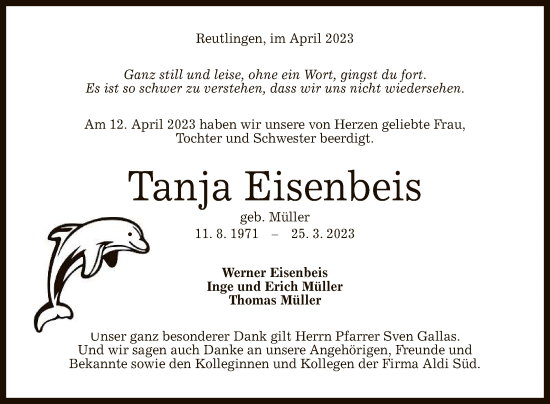Anzeige von Tanja Eisenbeis von Reutlinger General-Anzeiger