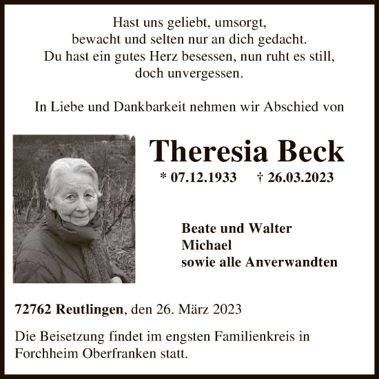 Anzeige von Theresia Beck von Reutlinger General-Anzeiger