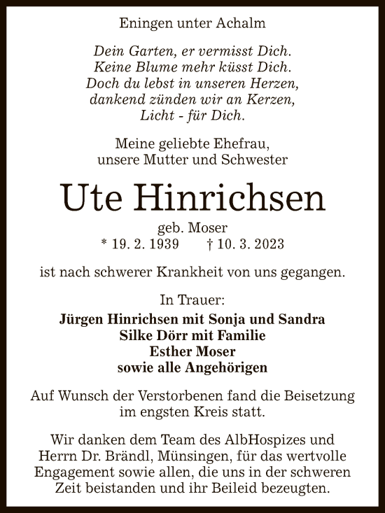 Anzeige von Ute Hinrichsen von Reutlinger General-Anzeiger
