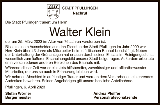 Anzeige von Walter Klein von Reutlinger General-Anzeiger