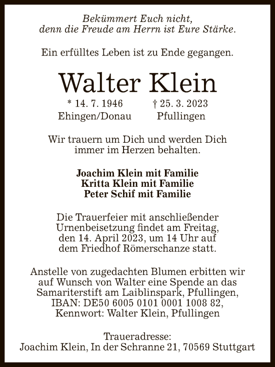 Anzeige von Walter Klein von Reutlinger General-Anzeiger
