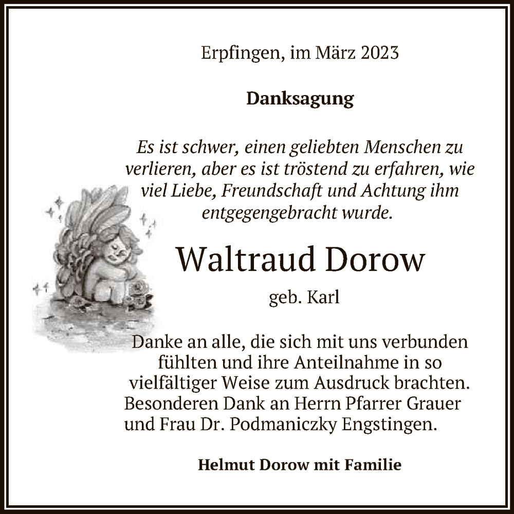  Traueranzeige für Waltraud Dorow vom 06.04.2023 aus Reutlinger General-Anzeiger