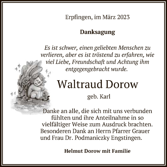 Anzeige von Waltraud Dorow von Reutlinger General-Anzeiger