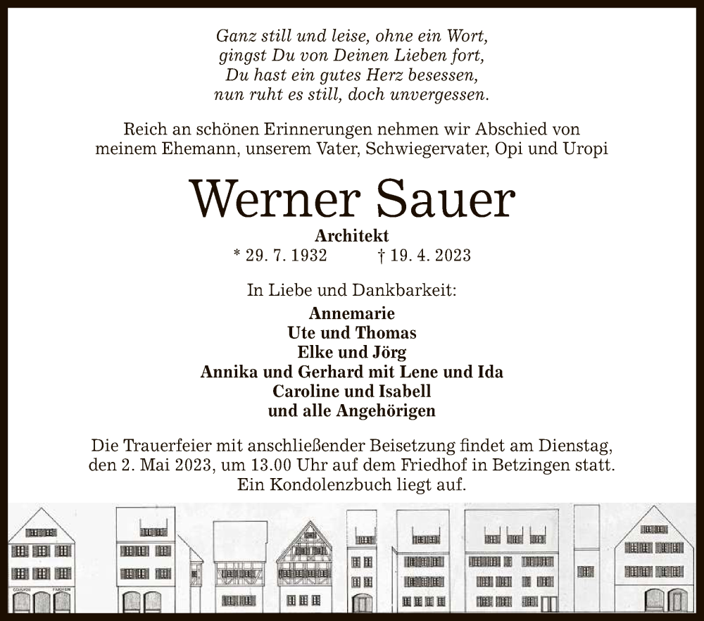  Traueranzeige für Werner Sauer vom 22.04.2023 aus Reutlinger General-Anzeiger