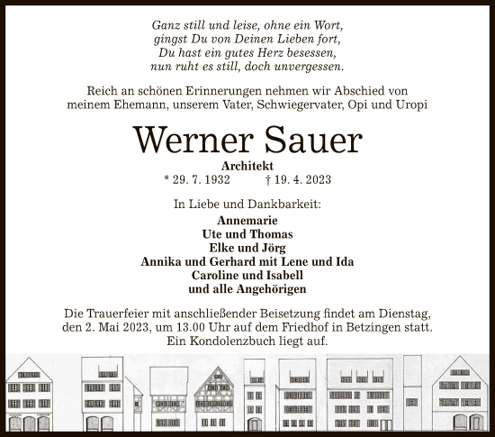 Anzeige von Werner Sauer von Reutlinger General-Anzeiger