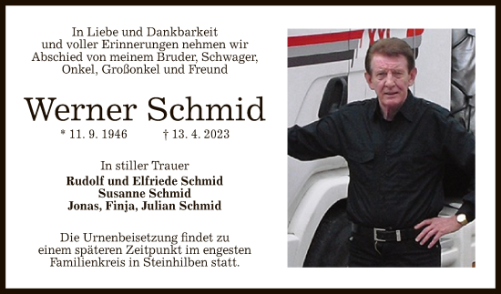 Anzeige von Werner Schmid von Reutlinger General-Anzeiger