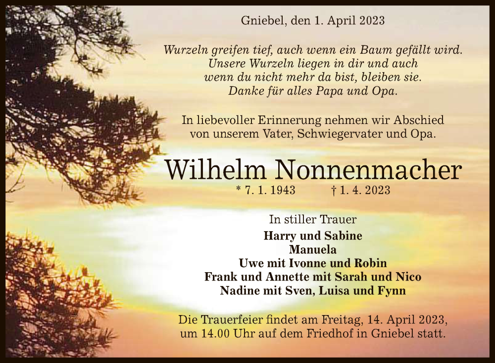  Traueranzeige für Wilhelm Nonnenmacher vom 05.04.2023 aus Reutlinger General-Anzeiger