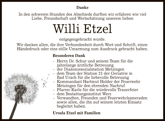 Anzeige von Willi Etzel von Reutlinger General-Anzeiger