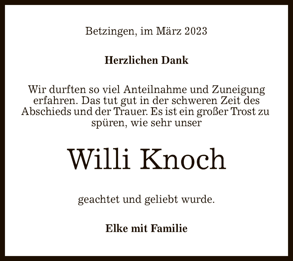  Traueranzeige für Willi Knoch vom 01.04.2023 aus Reutlinger General-Anzeiger