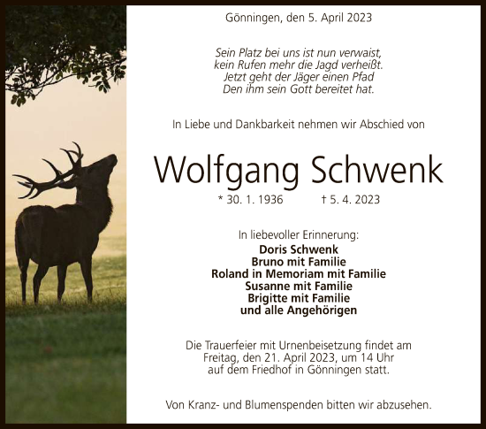 Anzeige von Wolfgang Schwenk von Reutlinger General-Anzeiger