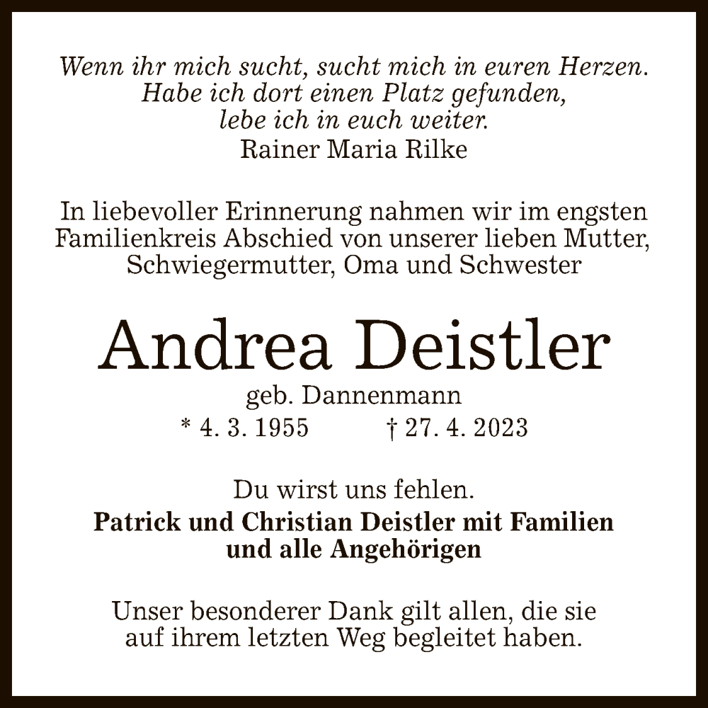  Traueranzeige für Andrea Deistler vom 13.05.2023 aus Reutlinger General-Anzeiger