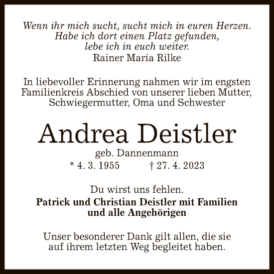 Anzeige von Andrea Deistler von Reutlinger General-Anzeiger