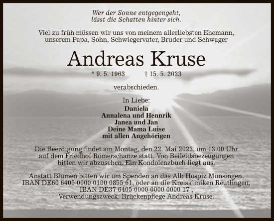 Anzeige von Andreas Kruse von Reutlinger General-Anzeiger