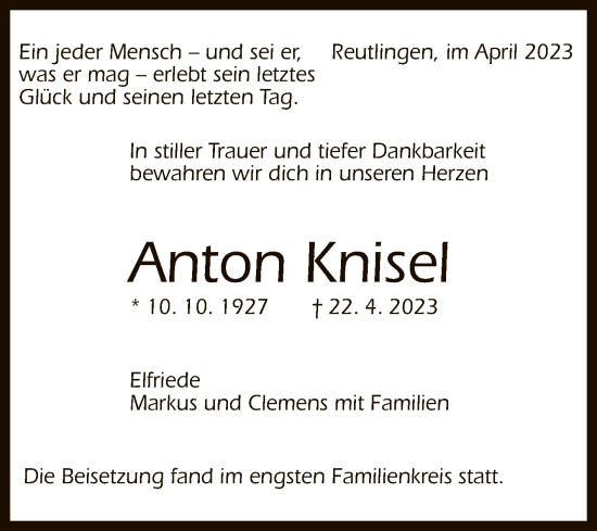 Anzeige von Anton Knisel von Reutlinger General-Anzeiger