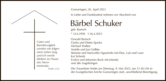 Anzeige von Bärbel Schuker von Reutlinger General-Anzeiger