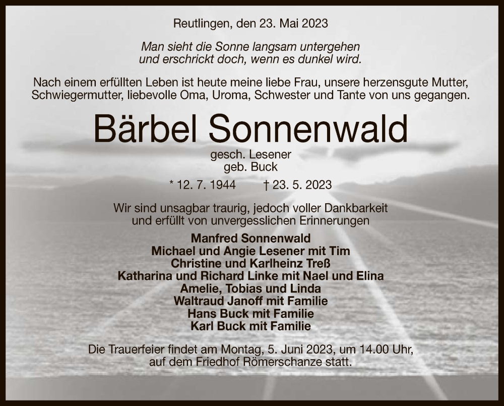  Traueranzeige für Bärbel Sonnenwald vom 31.05.2023 aus Reutlinger General-Anzeiger