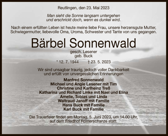 Anzeige von Bärbel Sonnenwald von Reutlinger General-Anzeiger