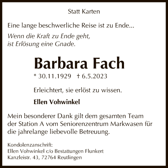 Anzeige von Barbara Fach von Reutlinger General-Anzeiger