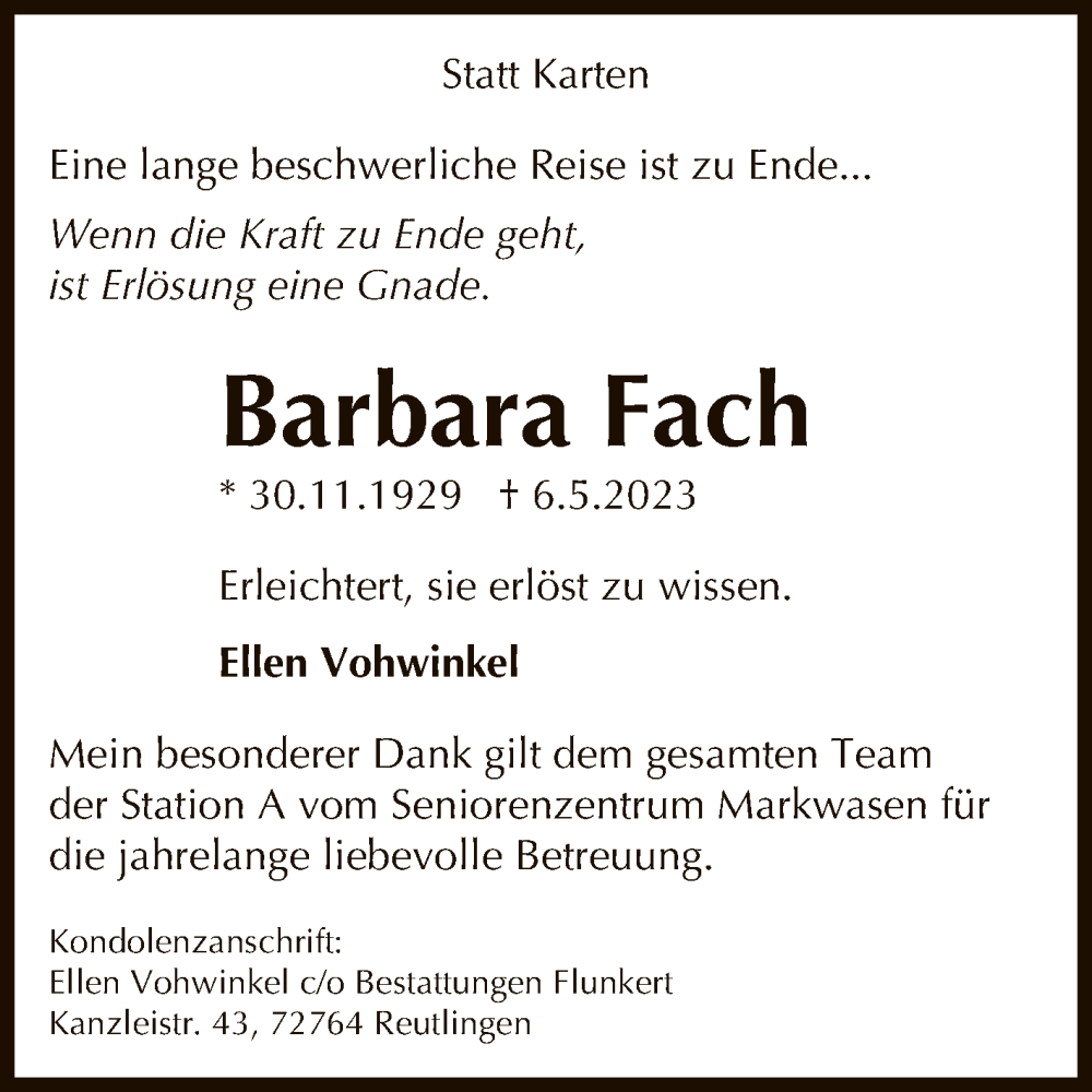  Traueranzeige für Barbara Fach vom 20.05.2023 aus Reutlinger General-Anzeiger