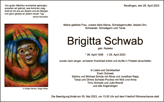 Anzeige von Brigitta Schwab von Reutlinger General-Anzeiger