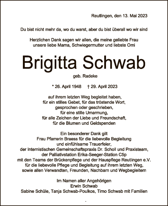 Anzeige von Brigitta Schwab von Reutlinger General-Anzeiger