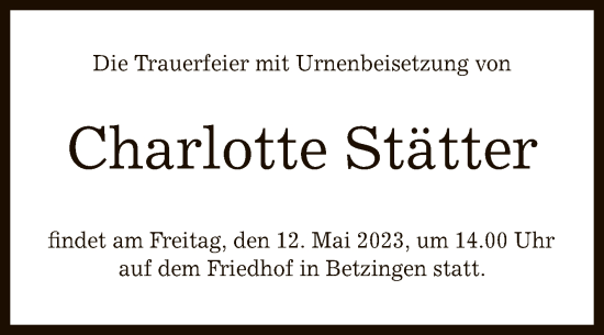 Anzeige von Charlotte Stätter von Reutlinger General-Anzeiger