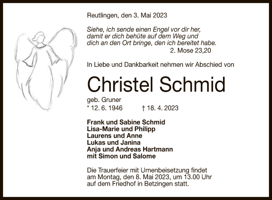 Anzeige von Christel Schmid von Reutlinger General-Anzeiger